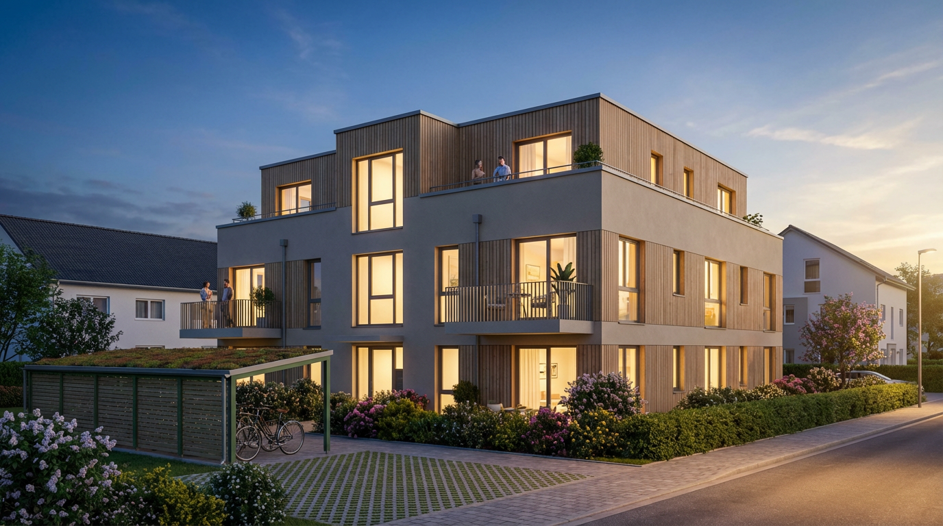 Modernes Mehrfamilienhaus mit warmer Beleuchtung